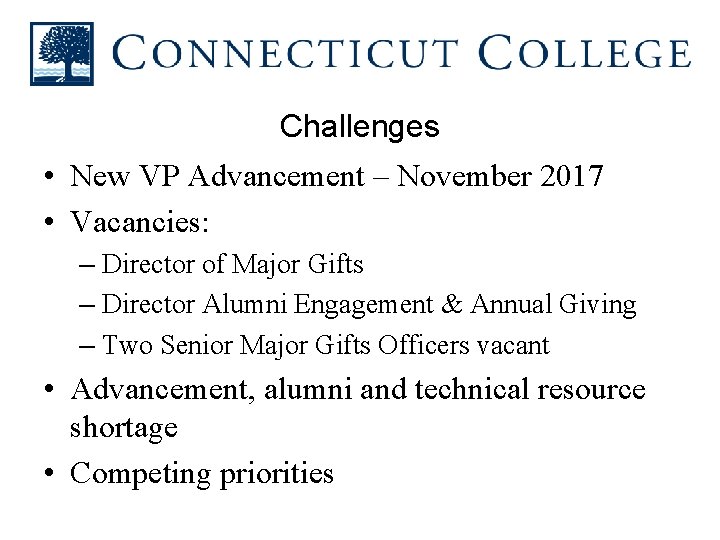 Challenges • New VP Advancement – November 2017 • Vacancies: – Director of Major