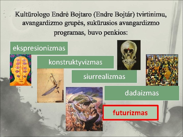 Kultūrologo Endrė Bojtaro (Endre Bojtár) tvirtinimu, avangardizmo grupės, sukūrusios avangardizmo programas, buvo penkios: ekspresionizmas