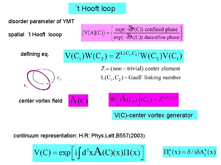 ´t Hooft loop disorder parameter of YMT spatial ´t Hooft looop defining eq. center