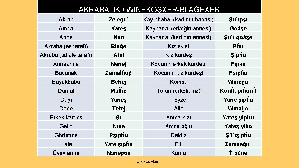 AKRABALIK / WINEKOŞXER-BLAĞEXER Akran Zeleğu` Kayınbaba (kadının babası) Şü`ıpşı Amca Yateş Kaynana (erkeğin annesi)
