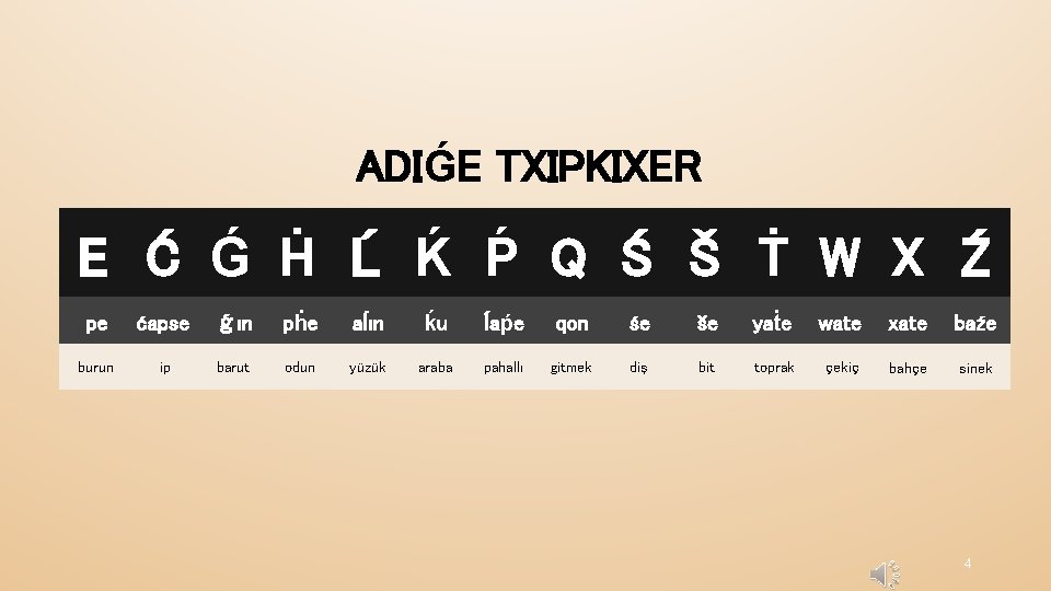 ADIǴE TXIPKIXER E Ć Ǵ Ḣ Ĺ Ḱ Ṕ Q Ś Š Ṫ W