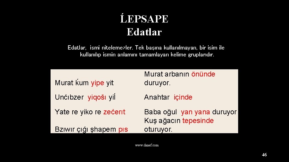 ĹEPSAPE Edatlar, ismi nitelemezler. Tek başına kullanılmayan, bir isim ile kullanılıp ismin anlamını tamamlayan