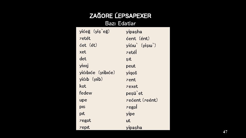 ZAĞORE ĹEPSAPEXER Bazı Edatlar yićeğ (yiş`eğ) yipaşha zetét ćerıt (érıt) ćet (ét) yićıu` (yişıu`)