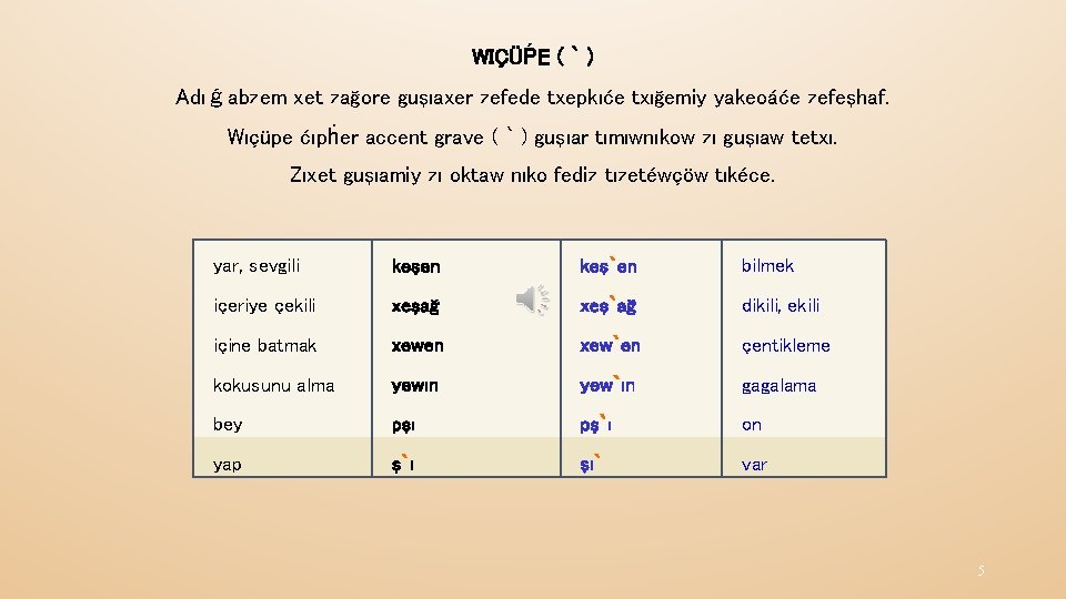 WIÇÜṔE ( ` ) Adıǵabzem xet zağore guşıaxer zefede txepkıće txığemiy yakeoáće zefeşhaf. Wıçüpe