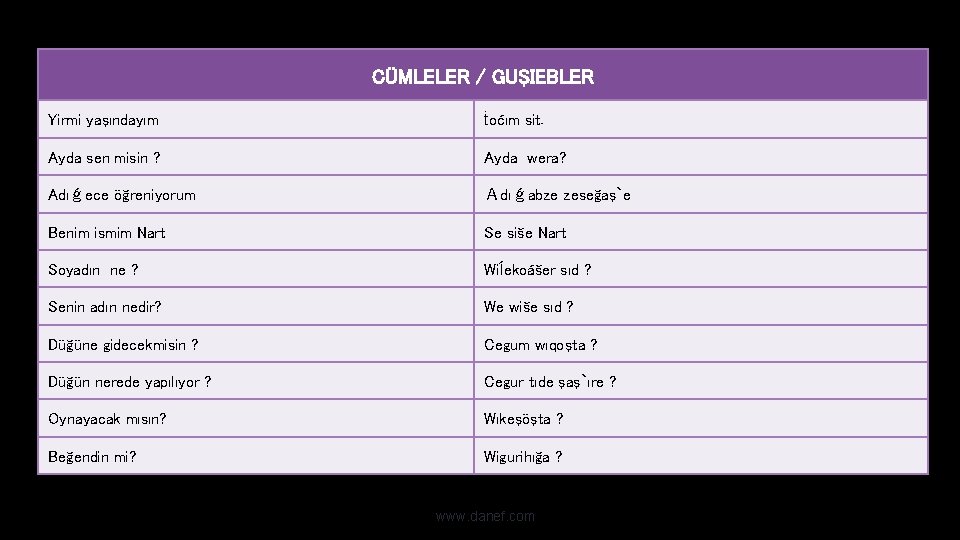 CÜMLELER / GUŞIEBLER Yirmi yaşındayım ṫoćım sit. Ayda sen misin ? Ayda wera? Adıǵece