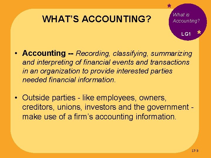 WHAT’S ACCOUNTING? * What is Accounting? * LG 1 • Accounting -- Recording, classifying,