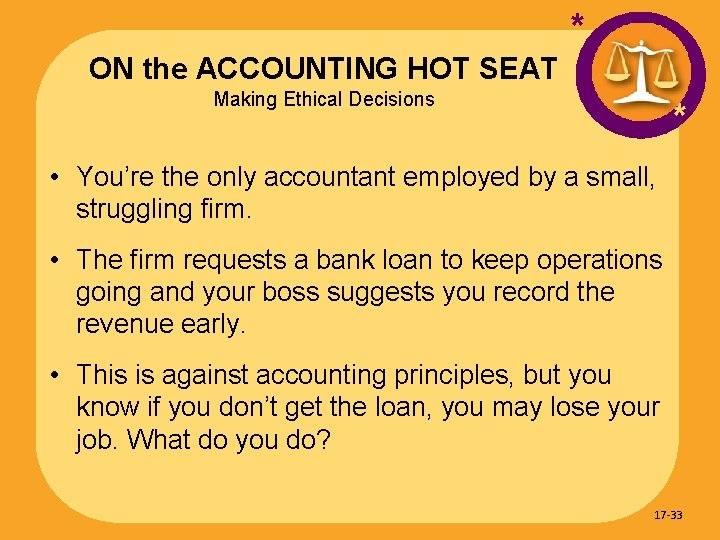 * ON the ACCOUNTING HOT SEAT Making Ethical Decisions * • You’re the only