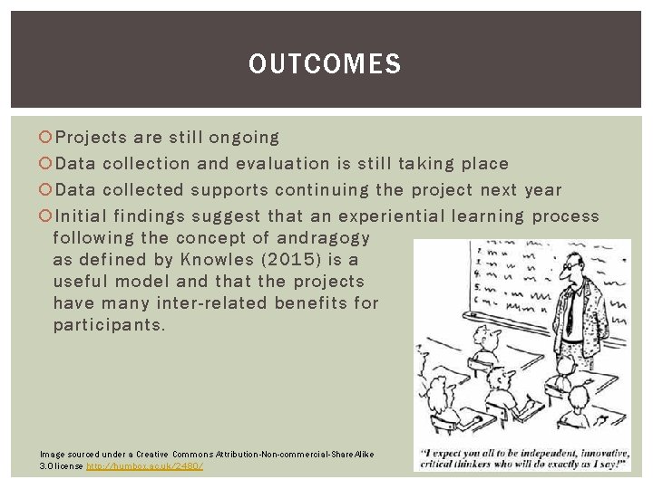 OUTCOMES Projects are still ongoing Data collection and evaluation is still taking place Data