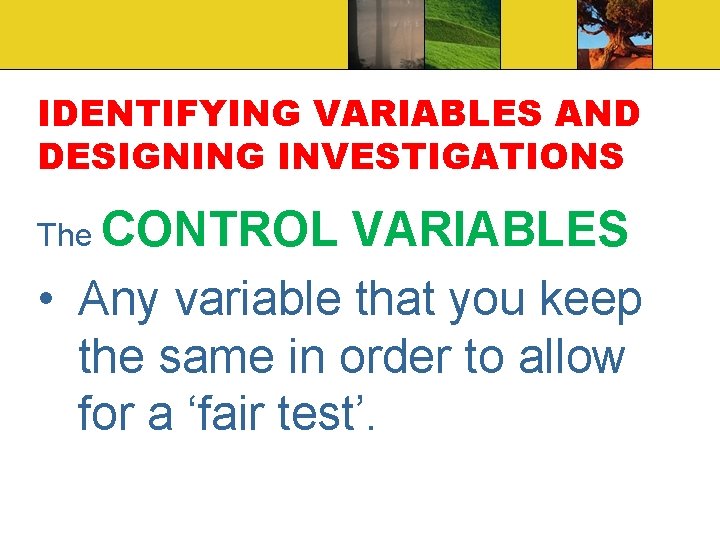 IDENTIFYING VARIABLES AND DESIGNING INVESTIGATIONS The CONTROL VARIABLES • Any variable that you keep