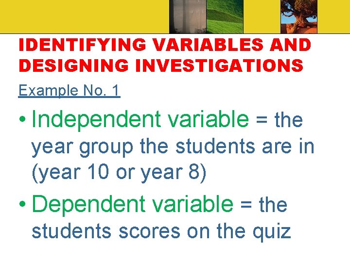 IDENTIFYING VARIABLES AND DESIGNING INVESTIGATIONS Example No. 1 • Independent variable = the year
