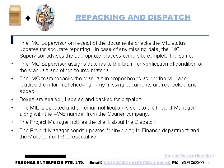 + REPACKING AND DISPATCH • The IMC Supervisor on receipt of the documents checks