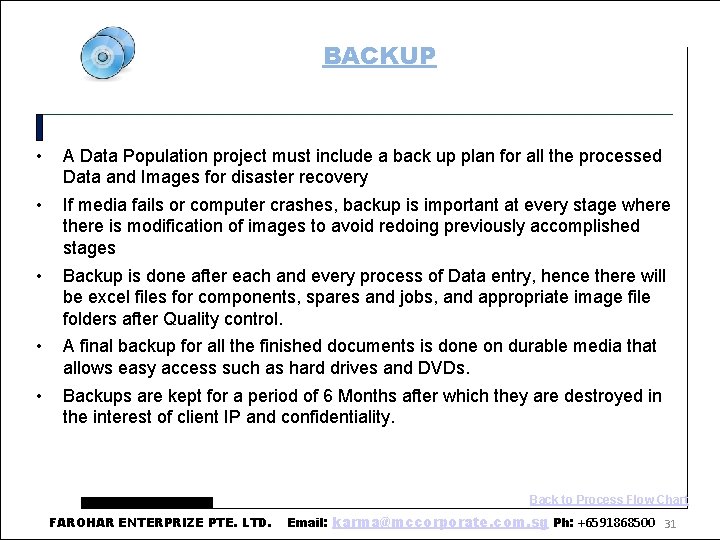 BACKUP • A Data Population project must include a back up plan for all