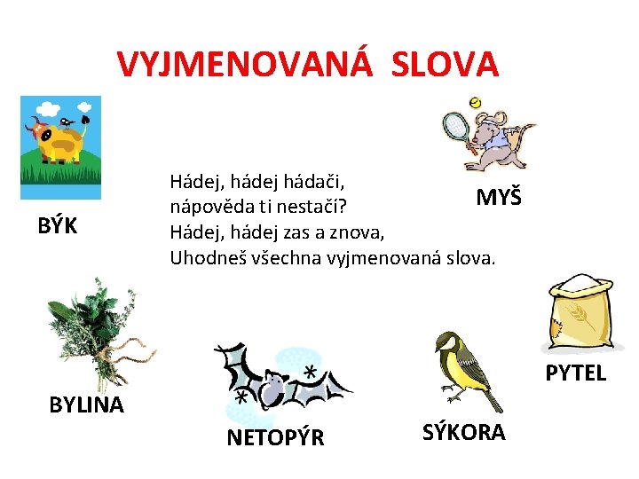 VYJMENOVANÁ SLOVA BÝK Hádej, hádej hádači, MYŠ nápověda ti nestačí? Hádej, hádej zas a