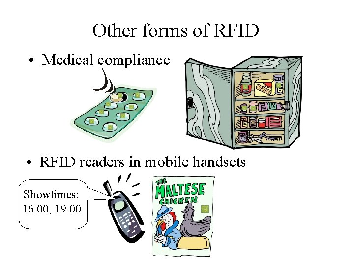 Other forms of RFID • Medical compliance • RFID readers in mobile handsets Showtimes: