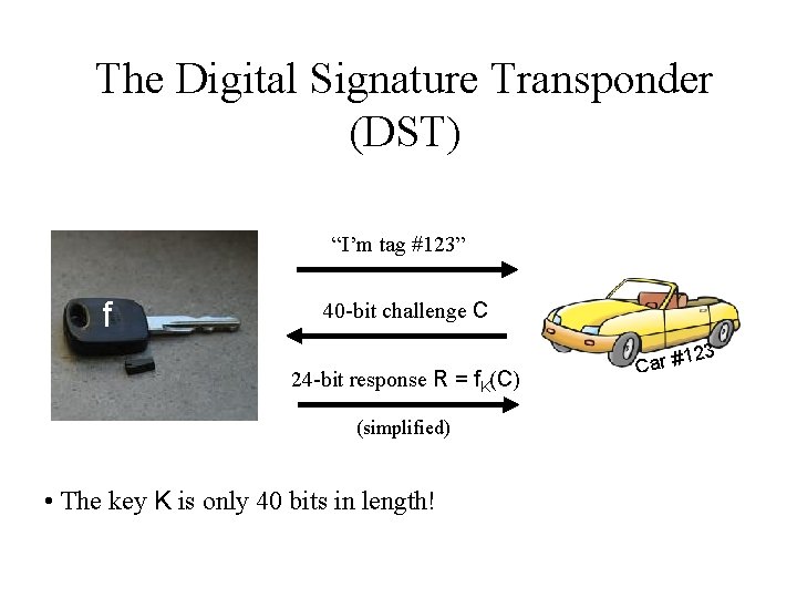 The Digital Signature Transponder (DST) “I’m tag #123” f 40 -bit challenge C 23