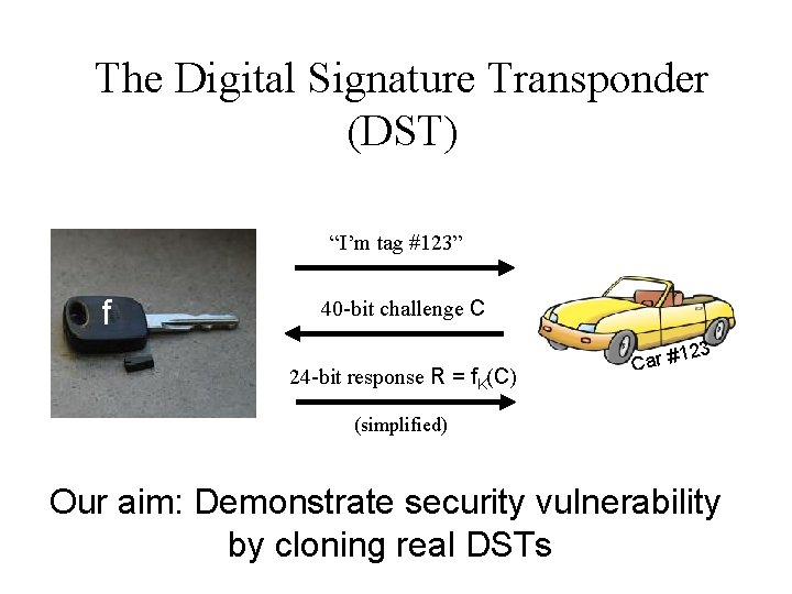 The Digital Signature Transponder (DST) “I’m tag #123” f 40 -bit challenge C 23