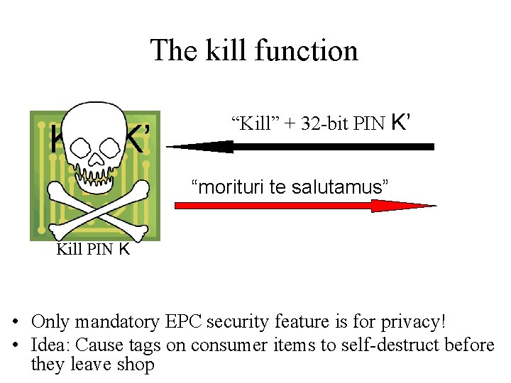 The kill function K = K’ “Kill” + 32 -bit PIN K’ “morituri te