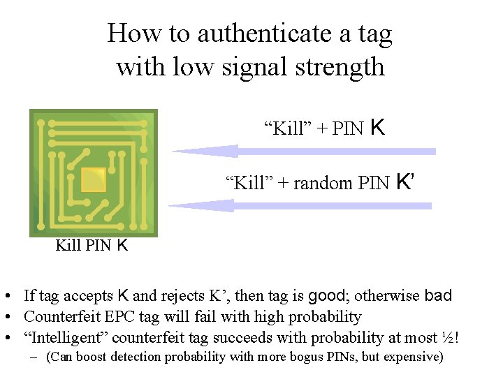 How to authenticate a tag with low signal strength “Kill” + PIN K “Kill”