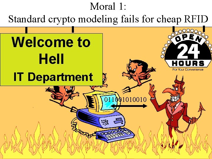 Moral 1: Standard crypto modeling fails for cheap RFID Welcome to Hell IT Department