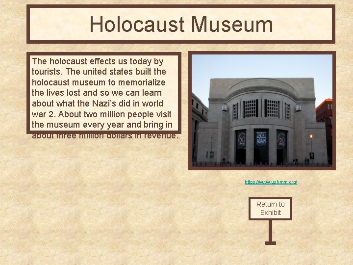 Holocaust Museum The holocaust effects us today by tourists. The united states built the