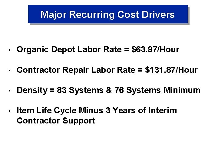 Major Recurring Cost Drivers • Organic Depot Labor Rate = $63. 97/Hour • Contractor