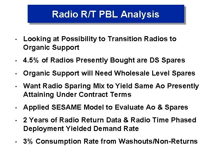 Radio R/T PBL Analysis • Looking at Possibility to Transition Radios to Organic Support