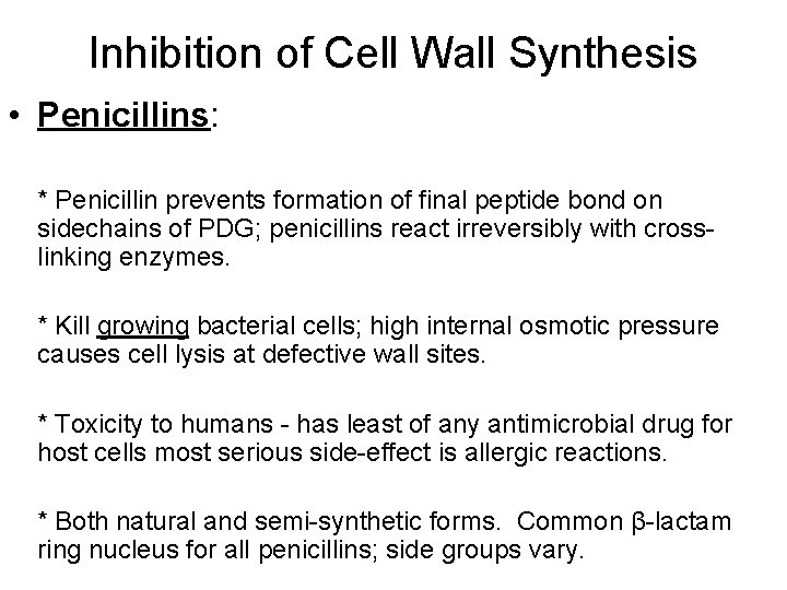 Inhibition of Cell Wall Synthesis • Penicillins: * Penicillin prevents formation of final peptide