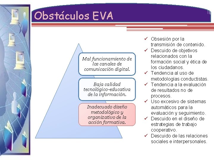 Obstáculos EVA Mal funcionamiento de los canales de comunicación digital. Baja calidad tecnológico-educativa de