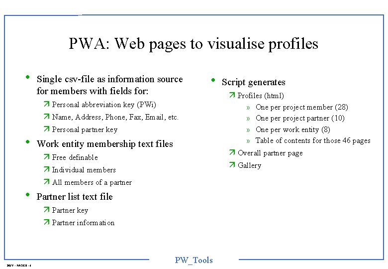 PWA: Web pages to visualise profiles • • • Single csv-file as information source