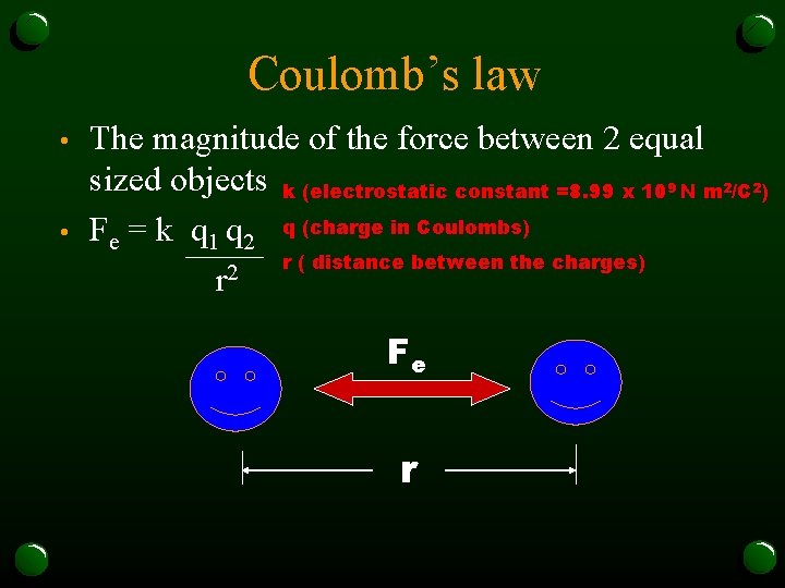 Coulomb’s law • The magnitude of the force between 2 equal sized objects k