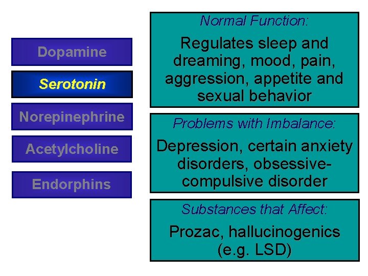 Normal Function: Dopamine Serotonin Regulates sleep and dreaming, mood, pain, aggression, appetite and sexual