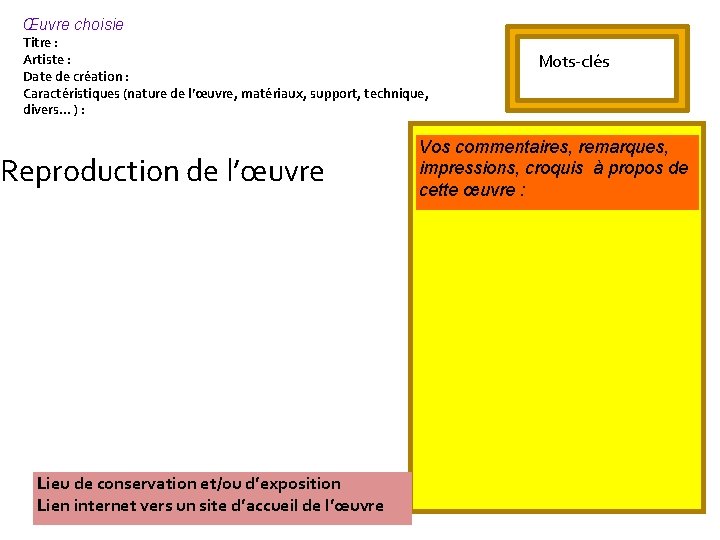 Œuvre choisie Titre : Artiste : Date de création : Caractéristiques (nature de l’œuvre,