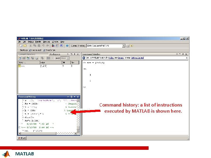 Command history: a list of instructions executed by MATLAB is shown here. MATLAB 