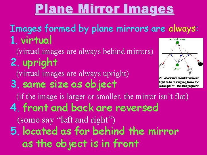 Plane Mirror Images formed by plane mirrors are always: 1. virtual (virtual images are