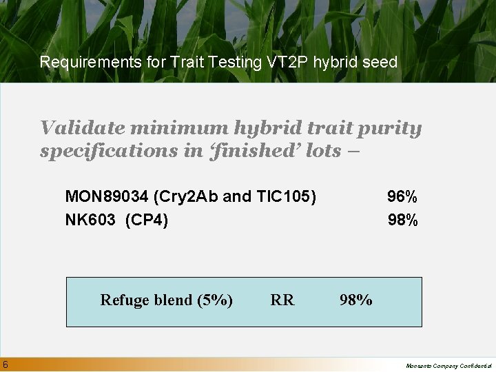 Requirements for Trait Testing VT 2 P hybrid seed Validate minimum hybrid trait purity