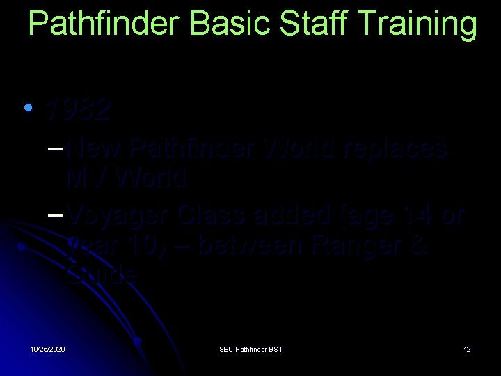 Pathfinder Basic Staff Training • 1982 –New Pathfinder World replaces MV World –Voyager Class