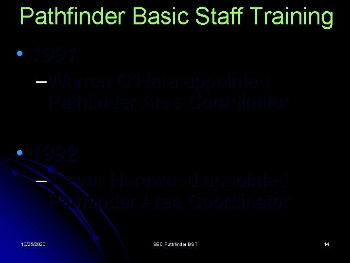 Pathfinder Basic Staff Training • 1991 –Warren O’Hara appointed Pathfinder Area Coordinator • 1992