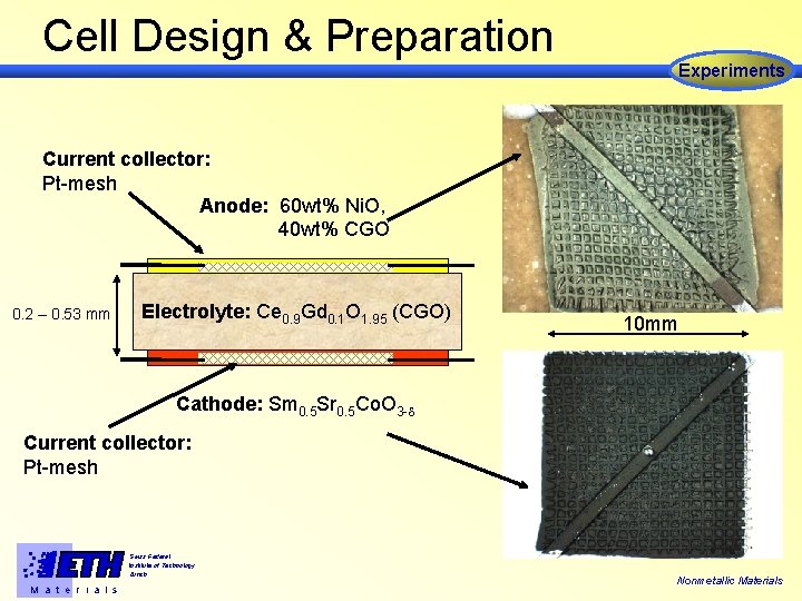 Cell Design & Preparation Experiments Current collector: Pt-mesh Anode: 60 wt% Ni. O, 40