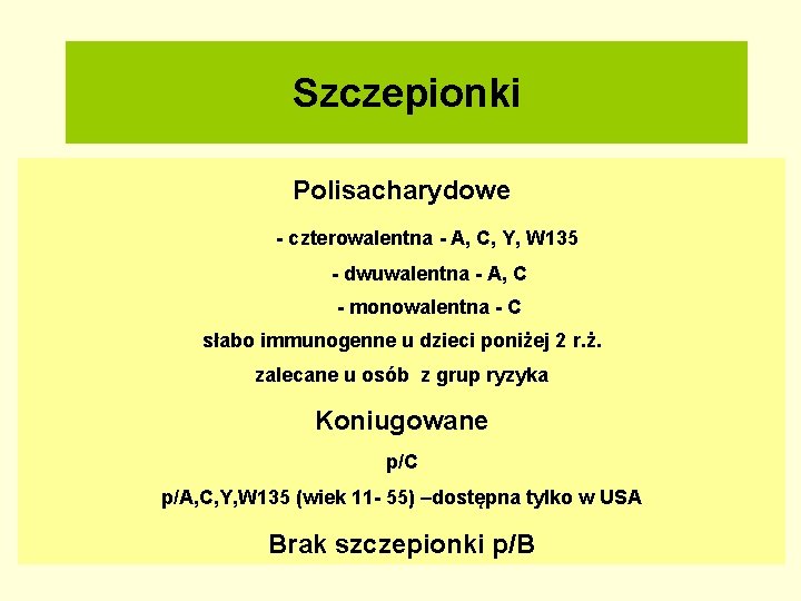 Szczepionki Polisacharydowe - czterowalentna - A, C, Y, W 135 - dwuwalentna - A,