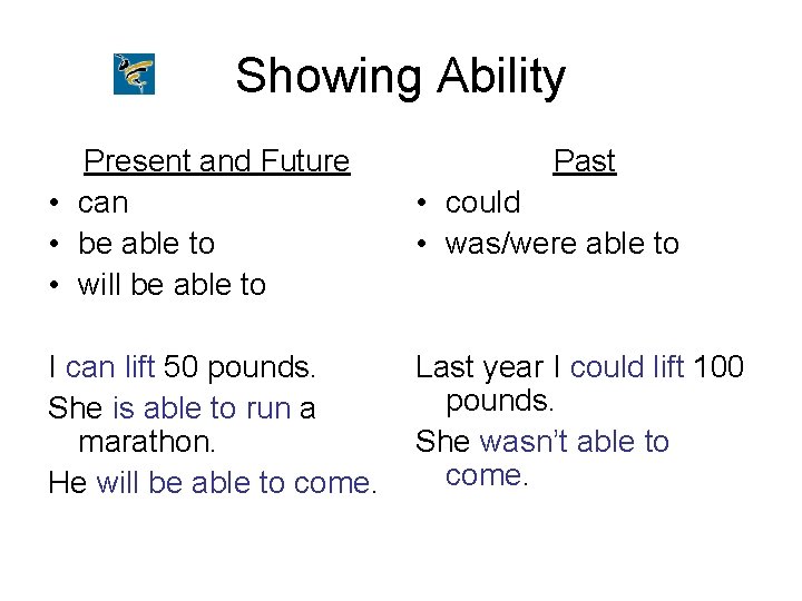 Showing Ability Present and Future • can • be able to • will be