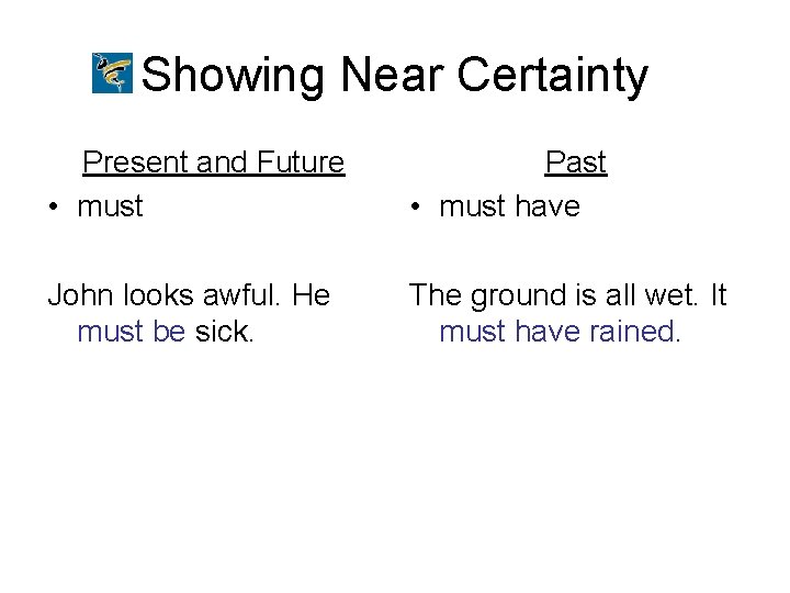 Showing Near Certainty Present and Future • must Past • must have John looks