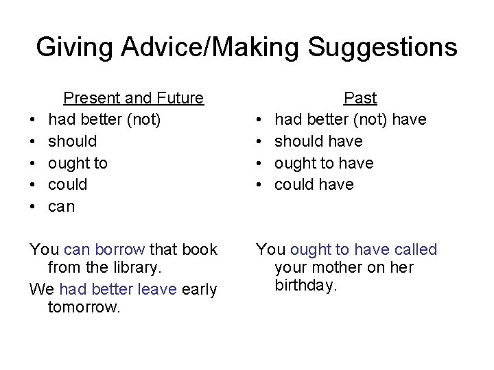 Giving Advice/Making Suggestions • • • Present and Future had better (not) should ought