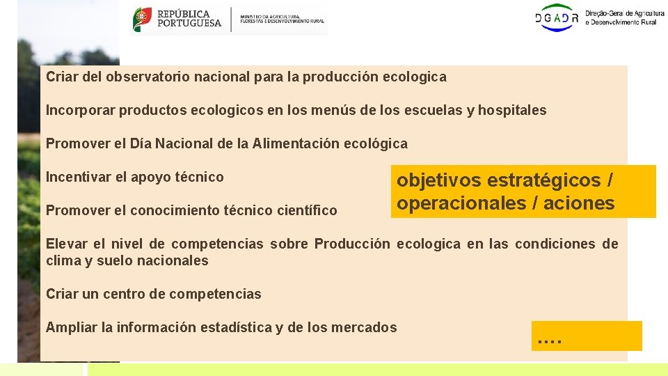 Criar del observatorio nacional para la producción ecologica Incorporar productos ecologicos en los menús