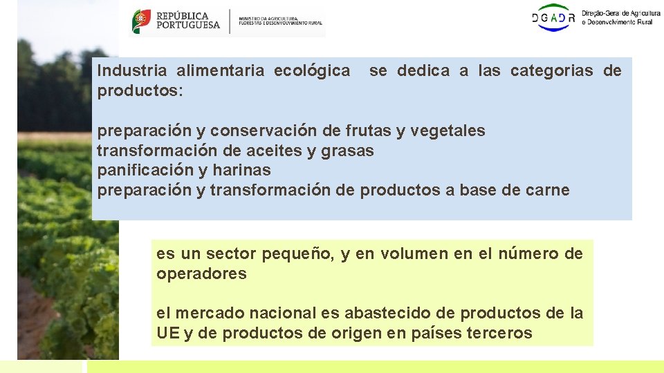 Industria alimentaria ecológica se dedica a las categorias de productos: preparación y conservación de