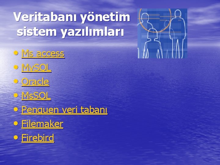 Veritabanı yönetim sistem yazılımları • Ms access • My. SQL • Oracle • Ms.