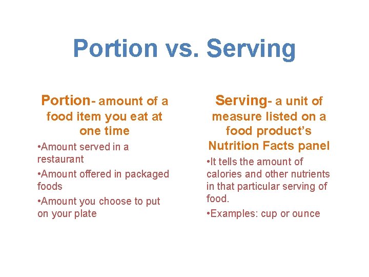 Portion vs. Serving Portion- amount of a Serving- a unit of food item you
