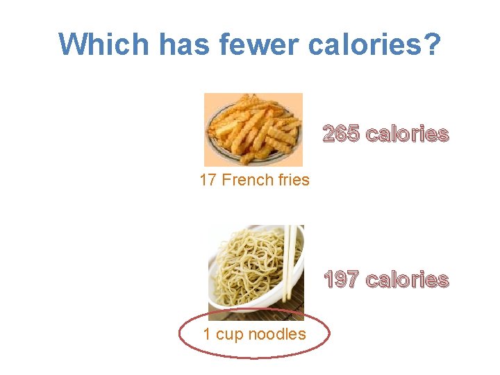 Which has fewer calories? 265 calories 17 French fries 197 calories 1 cup noodles