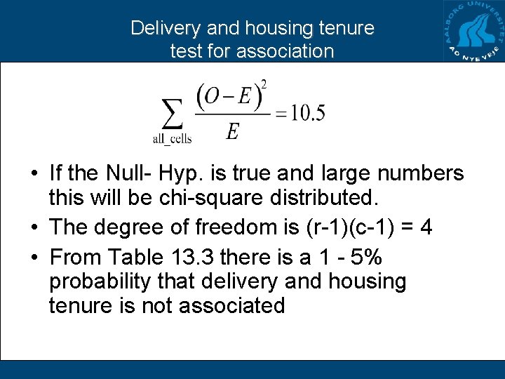 Delivery and housing tenure test for association • If the Null- Hyp. is true