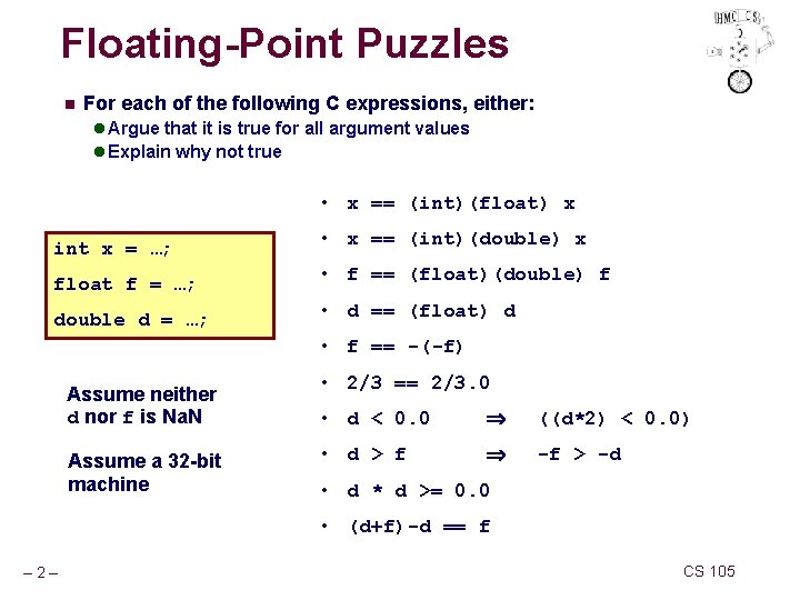 Floating-Point Puzzles n For each of the following C expressions, either: l Argue that