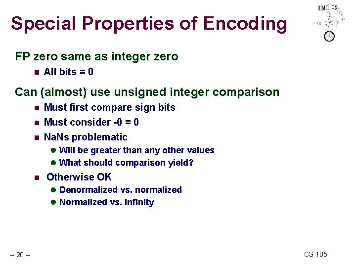 Special Properties of Encoding FP zero same as integer zero n All bits =